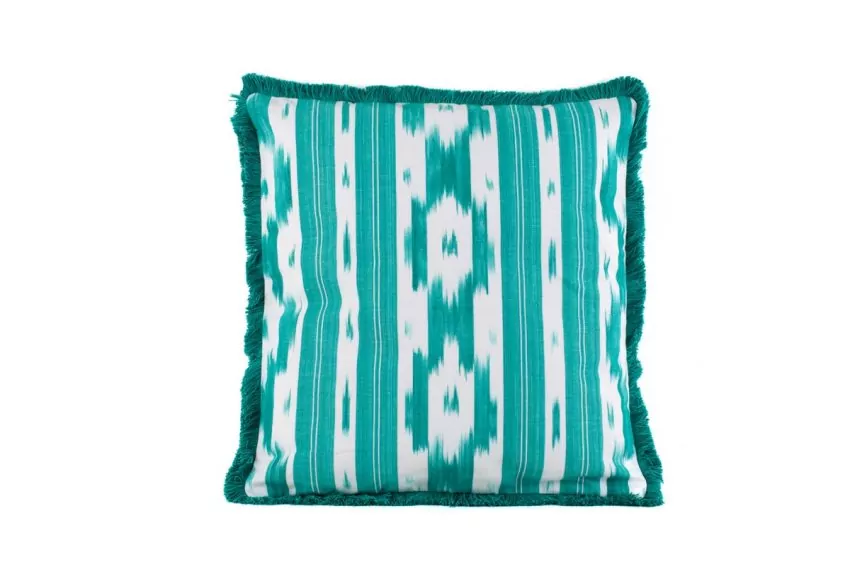 Small Fringe Mallorcan fabric cushion 104 Turquoise