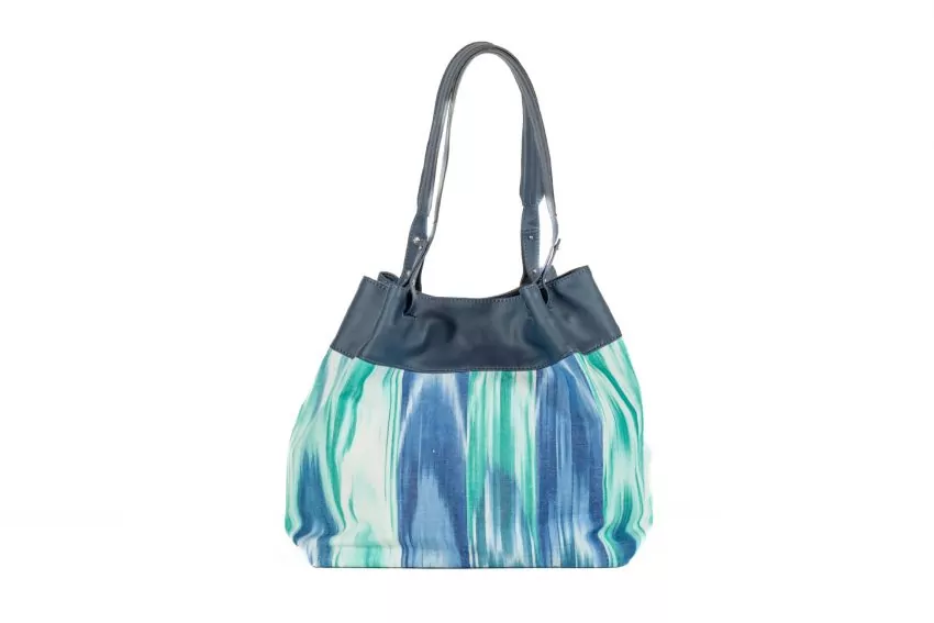 Maxi bossa de pell vegana i tela ikat 200 Blau - Imatge 3