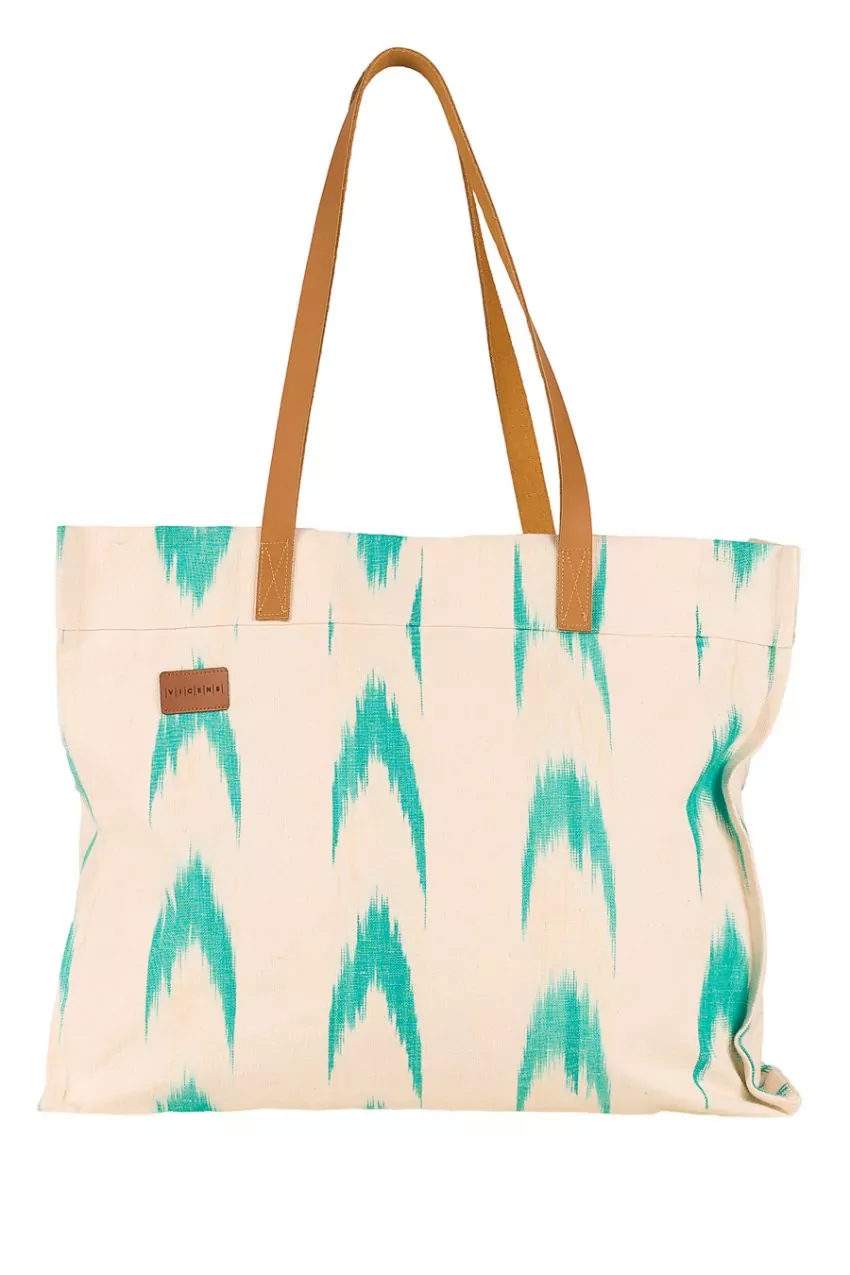 Leather handle bag Mallorcan fabric 61 Turquoise - Image 7