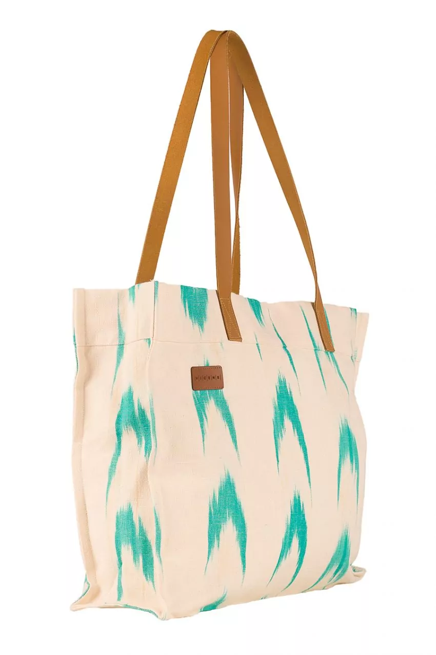 Leather handle bag Mallorcan fabric 61 Turquoise - Image 6