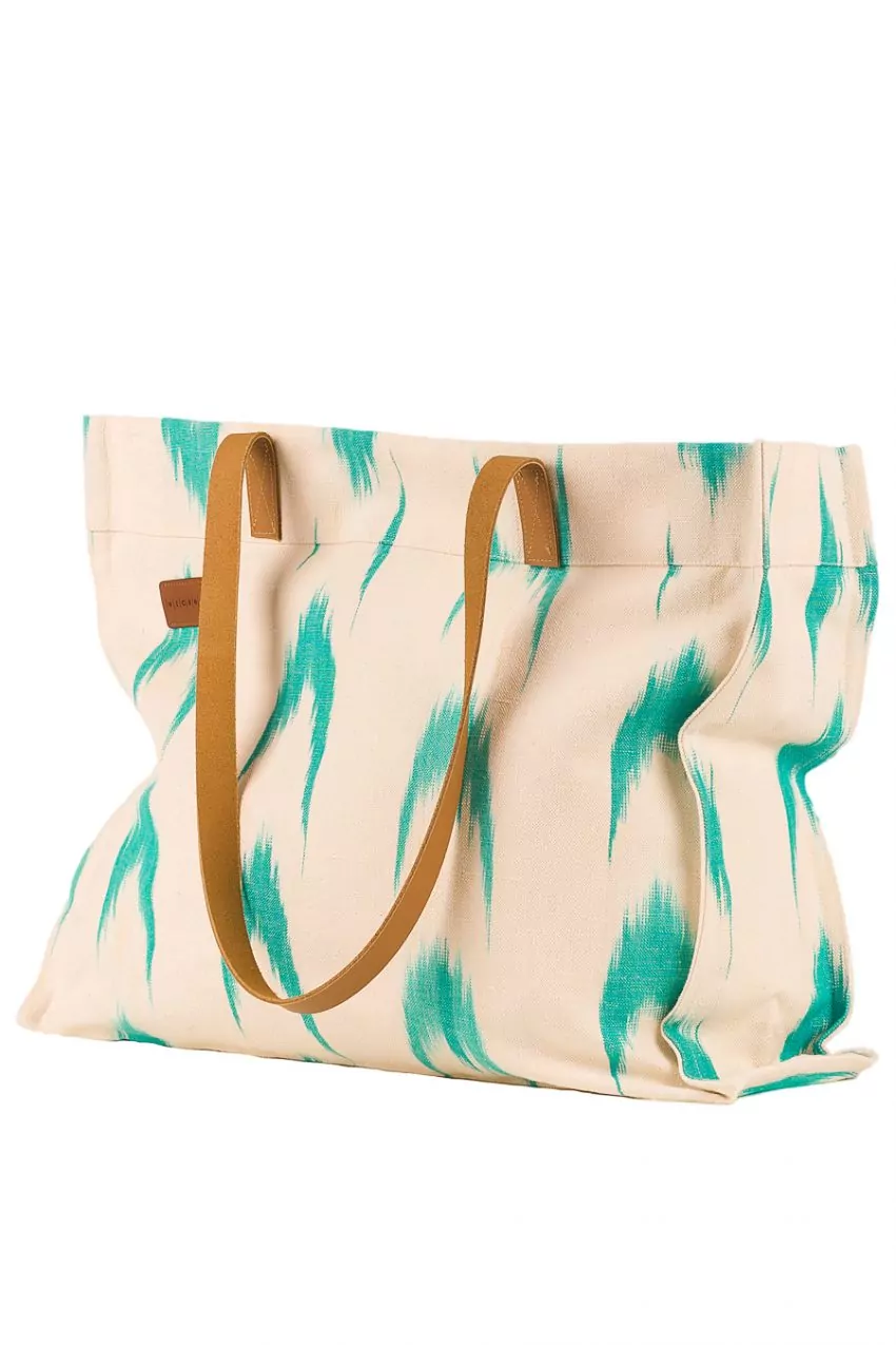 Leather handle bag Mallorcan fabric 61 Turquoise - Image 5