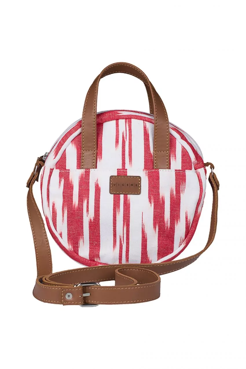 Bolsa redonda artesanal modelo 2 de Teixits Vicens con tela mallorquina tradicional