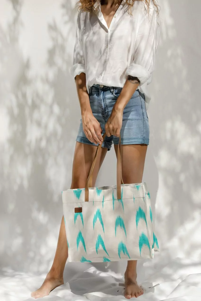 Leather handle bag Mallorcan fabric 61 Turquoise - Image 3