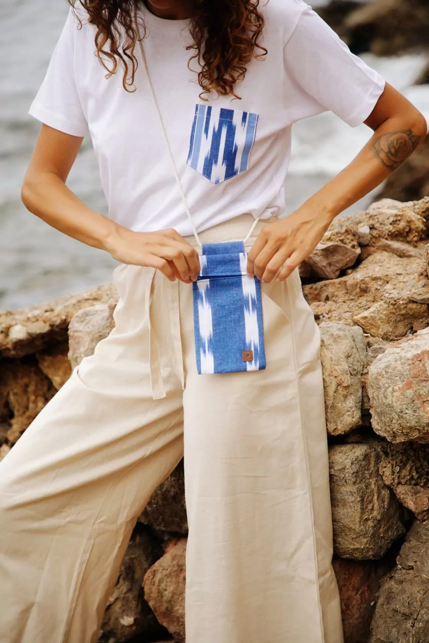 Phone bag holder Mallorcan fabric ikat 302 Blue