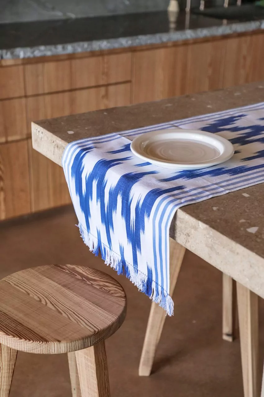 Mallorcan fabric Table runner with fringes 236 Blue